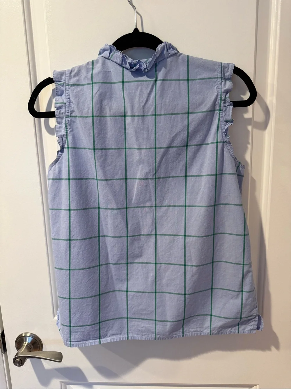 J. Crew Light Blue & Green Windowpane Ruffle Collar Blouse